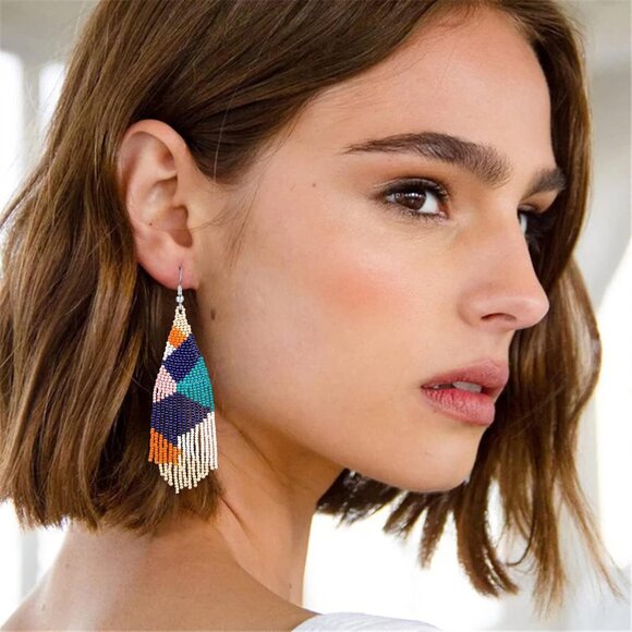 Long Beaded Drop Dangle Earrings Boho Native Handmade Seed Bead Tassel Earrings - Picture 2 of 6